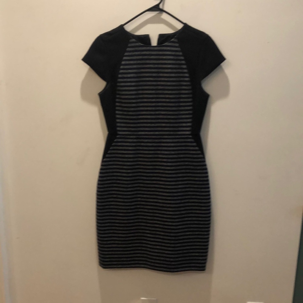 Black, blue and grey strip J. Crew pencil dress, wool, size 4